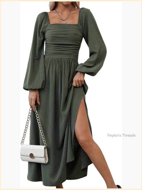 Dresses & Skirts - Women's Square Neck Lantern Long Sleeve Ruched Midi Dress